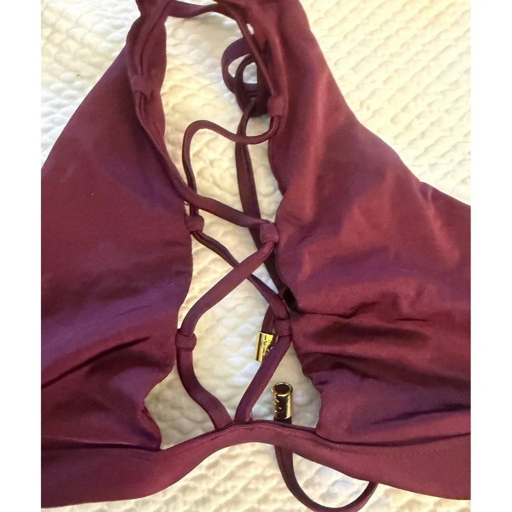 Beach Bunny Burgundy Lace Up Halter Bikini Top Gold Hardware Maroon Size large - Picture 2 of 4